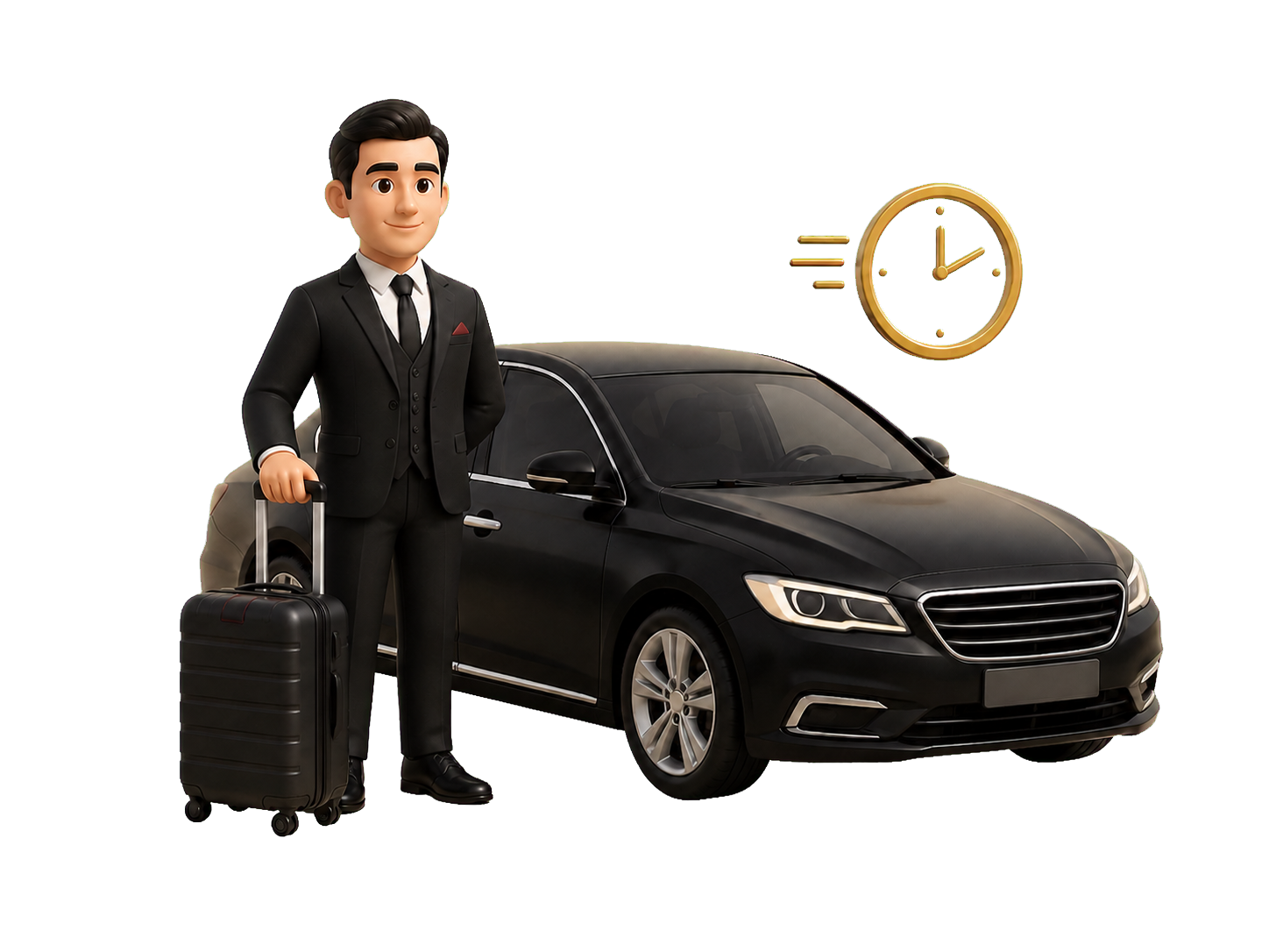Illustration of a suited chauffeur beside an executive vehicle
